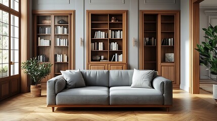 Wall Mural - Living room of a house furnished with a gray fabric divan sofa wooden bookcases access doors to other rooms and parquet floors : Generative AI