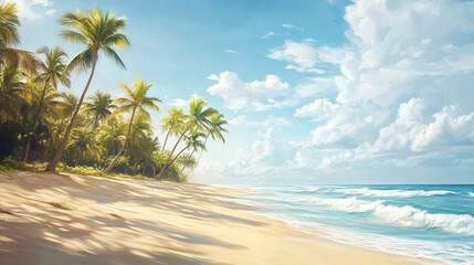 Palm trees line a sandy beach with turquoise waves and a bright blue sky.