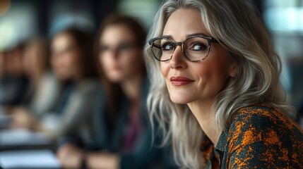 Aufkleber - A mature female executive having presentation with her creative female team at corporate office Senior businesswoman having briefing with with team of experts at boardroom and discussi : Generative AI