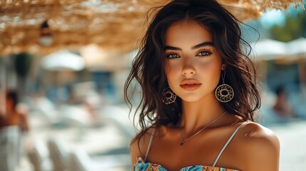 fashion outdoor photo of beautiful woman with dark hair in elegant clothes with accessories posing in summer beach club in Cyprus : Generative AI