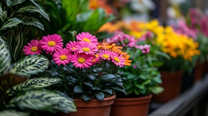 Wall Mural - Beautiful colorful flowers and plants in a pots in a Flower shop Selective focus : Generative AI