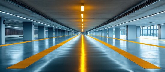 Wall Mural - Empty, well-lit underground parking garage with yellow lines and a single line of light.