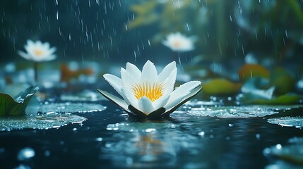 Wall Mural - closeup of a beautiful water liliy plant underwater in a pond on a rainy summer day nature scene background concept with copy space for spa garden and relaxation : Generative AI