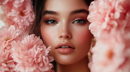 Wall Mural - Cute woman with big pink flowers studio portrait Perfect body pink makeup on a woman face : Generative AI