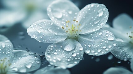 Aufkleber - white flower petals with crystal clear rain drops reflecting nature background : Generative AI