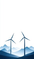 Wind turbines on a mountain landscape, blue tones, clean energy concept, ideal for environmental themes.