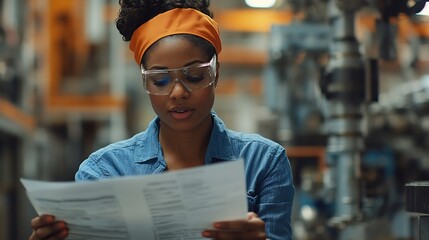 Poster - Female engineer reading technical documentation with project manager in modern industrial factory talking about new production project investment Team management in manufacturing facil : Generative AI