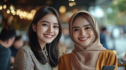 Aufkleber - Two young pretty Indonesian entrepreneur woman smile at the camera while holding smartphone against business meeting with clients on a cafe Diversity business people concept : Generative AI