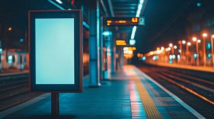 Poster - Billboard on the passenger platform of a railway station at nightMockup : Generative AI