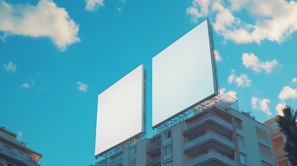 Poster - Mock up two white vertical LED display billboard on tower building with blue sky background clipping path for mockup : Generative AI