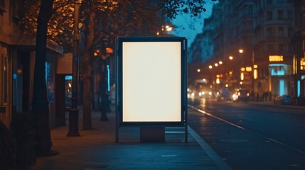 Poster - Blank White Bus Stop Vertical Billboard Mockup In Front Of An Empty Street Outdoor Advertising Lightbox On The Sidewalk : Generative AI