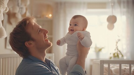 caring and happy father lifting his infant son from baby crib in nursery fatherhood and love : Generative AI