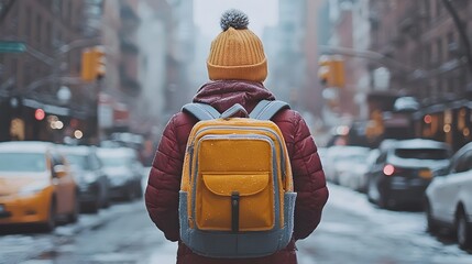 Covert Concealment A person wearing a winter coat and hat is shown walking down a city street their backpack concealing stolen goods and illustrating the act of theft and the need for secrecy