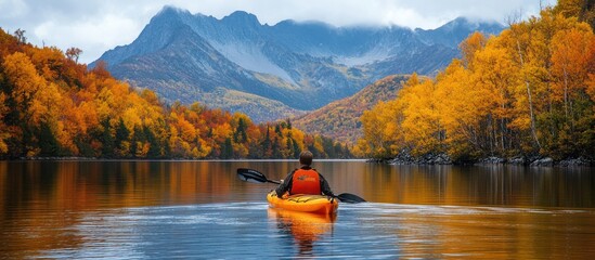 Wall Mural - Kayaking on a calm lake in a colorful autumn forest with majestic mountains in the background.