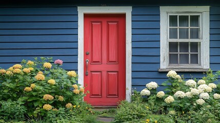 a red door on a wooden navy blue house with white trim the cottage has lush greenery around the entr