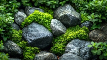 Aufkleber - Beautiful Bright Green moss grown up cover the rough stones and on the floor in the forest Show with macro view Rocks full of the moss texture in nature for wallpaper : Generative AI