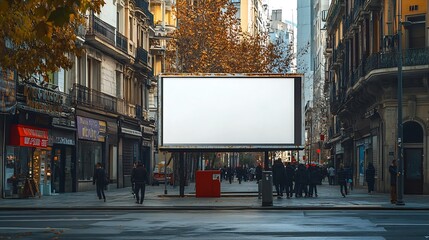 An empty billboard mockup on a busy street in madridsurrounded by classic spanish architecture and urban life : Generative AI