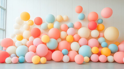 Poster - Vibrant spheres in geometric art installation create playful and colorful atmosphere, inviting joy and creativity. arrangement of pastel and bright colors enhances visual appeal