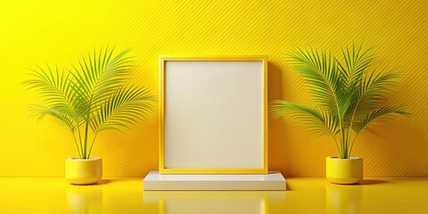 A Minimalist Yellow and White Design Featuring a Blank Frame, Two Palm Trees in Yellow Pots, and a Striped Wall.