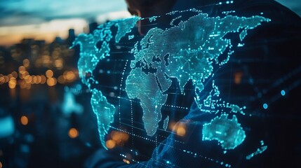 Leinwandbilder - Tech driven Global Business Businessman embraces technology as he analyzes big data for business intelligence composition of world map digital links emphasizes interconnectedness of gl : Generative AI