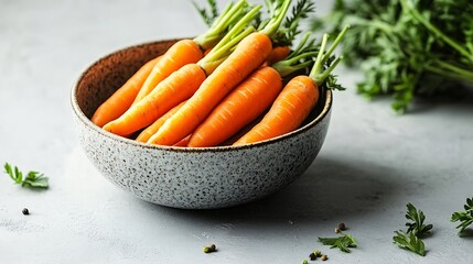 Raw Baby Carrots in a Bowl on a White Background side view Copy space : Generative AI