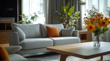 Poster - Interior of light living room with  grey sofa armchair and wooden coffee table : Generative AI