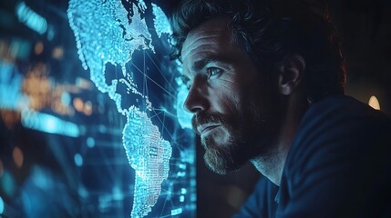 Leinwandbilder - Tech driven Global Business Businessman embraces technology as he analyzes big data for business intelligence composition of world map digital links emphasizes interconnectedness of gl : Generative AI