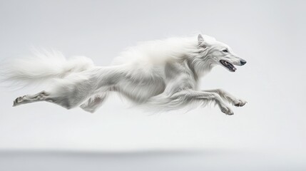 Poster - A white dog gracefully leaps in mid-air against a minimalist background.