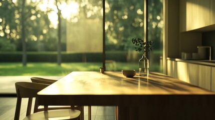 Canvas Print - A sunlit dining area with a wooden table and greenery outside.