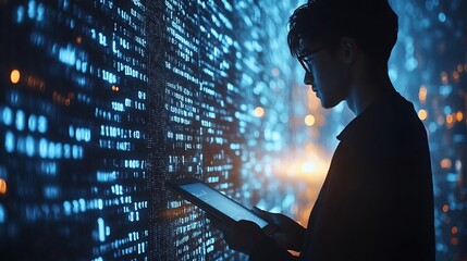 Fototapete - Software engineer using digital tablet with cyber security network computer code on virtual screen interface Data science machine learning of artificial intelligence digital software d : Generative AI