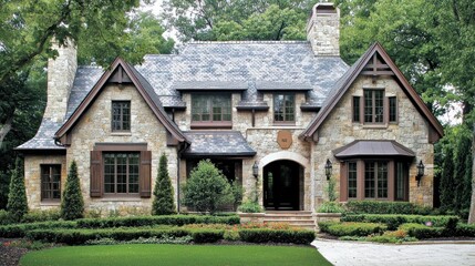 Wall Mural - A charming stone house surrounded by greenery and a well-maintained lawn.