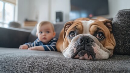 Poster - A baby and a dog relaxing together on a couch, showcasing companionship and comfort.