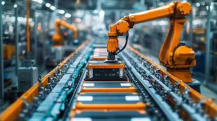 Poster - Modern EV Factory On Automated Production Line Robot Arms Transporting Automotive Battery Modules onto Conveyor Belt Electric Car Battery Pack Manufacturing Process : Generative AI