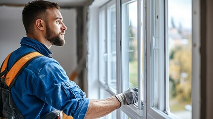 Workman in overalls installing or adjusting plastic windows in the living room at home : Generative AI