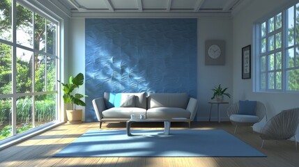 Sticker - Modern living room with blue accents, natural light, and plants for a serene atmosphere.