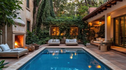 Poster - A serene outdoor space featuring a pool, cozy seating, and lush greenery.