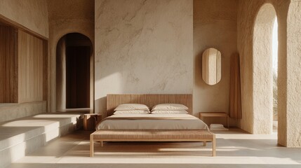 Poster - A serene bedroom featuring natural materials and soft lighting for relaxation and comfort.