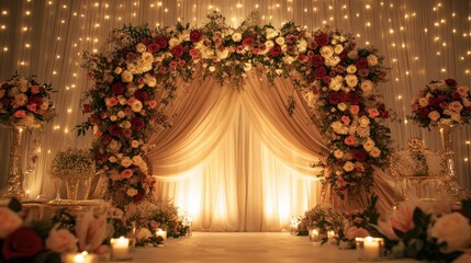 Sticker - Elegant wedding backdrop adorned with flowers and soft lighting, creating a romantic ambiance.