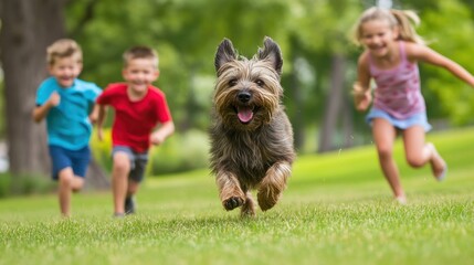 Wall Mural - Children joyfully running with a dog in a green park setting.