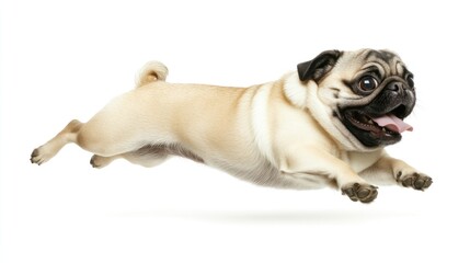 Canvas Print - A playful pug dog leaping joyfully in mid-air against a white background.