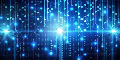 Abstract digital data chains linked by glowing circles against a blue and black background with binary code and bright light streaks