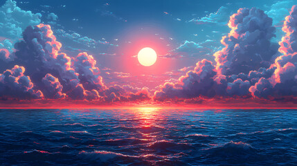 Pixel art of a stunning landscape featuring a beautiful sky filled with fluffy clouds, a vibrant blue sea, and a serene atmosphere. The artwork captures the charm of nature in a nostalgic pixelated st