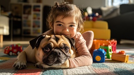 Poster - A girl cuddles with a pug on a colorful rug surrounded by toys in a cozy living room.