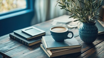 Sticker - A cozy scene featuring a coffee cup atop stacked books with a plant in a vase.