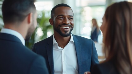 Aufkleber - Group of happy people in business attire engaged in a conversation in their office They are discussing and sharing ideas for their project showing teamwork and cooperation : Generative AI