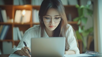 Leinwandbilder - Asian Business woman using calculator and laptop for doing math finance on an office desk tax report accounting statistics and analytical research concept : Generative AI
