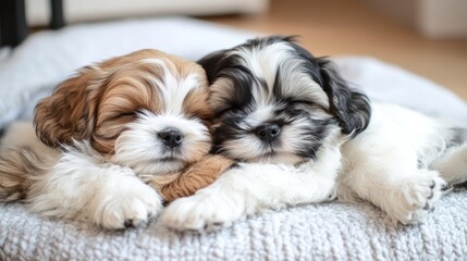 Poster - Two adorable puppies sleeping peacefully together on a cozy blanket.