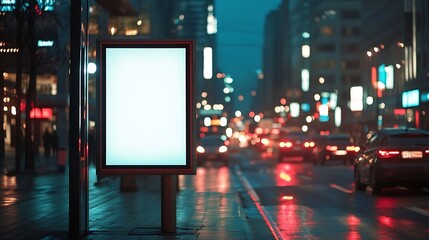 Poster - White bus stop billboard poster in a station with cars in moving in the background Front view mockup concept blank poster city traffic : Generative AI