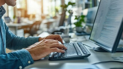 Canvas Print - A person typing on a keyboard at a desk with a computer screen displaying information.