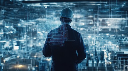 Canvas Print - A worker in a hard hat observes digital schematics in a high-tech industrial setting.